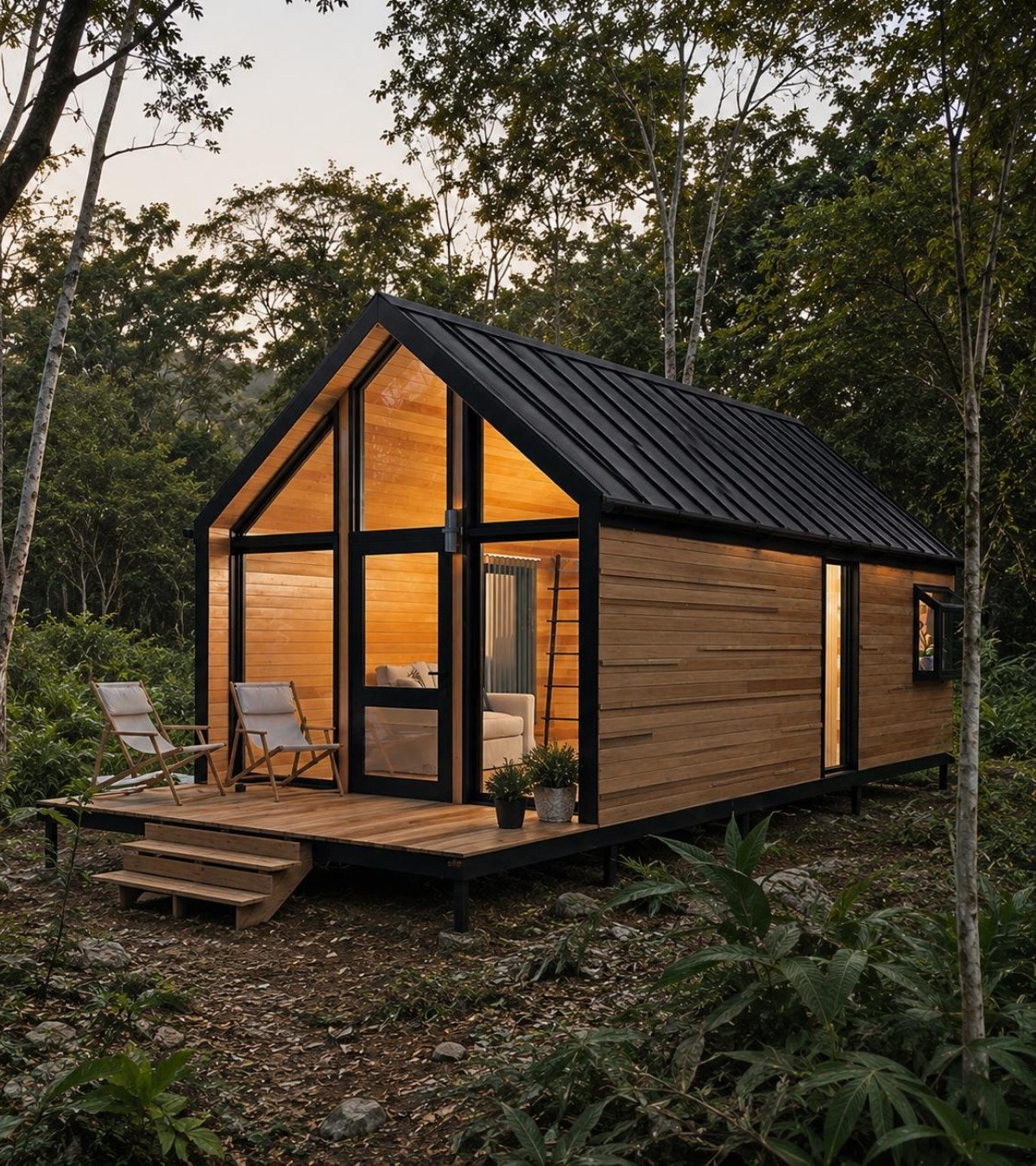 Cabin Mata Atlântica aus Holz zwischen Bäumen